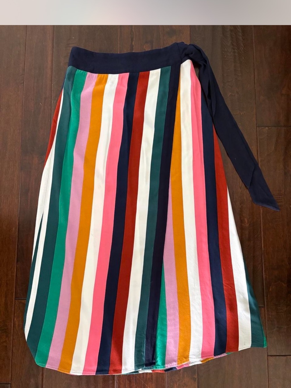 Boden Multicolor Rainbow Stripe Maxi Skirt with Navy Waist Tie